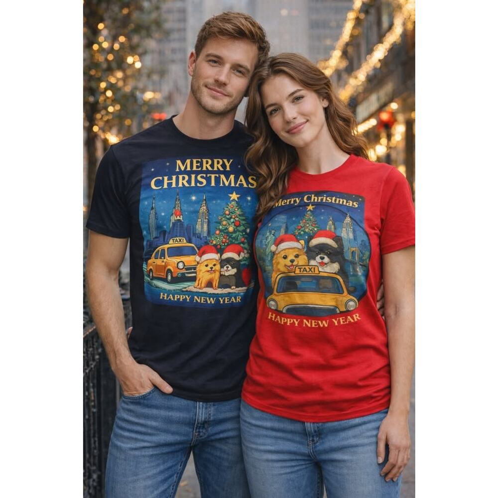 Christmas-themed graphic t-shirts featuring New York City skyline & taxi design